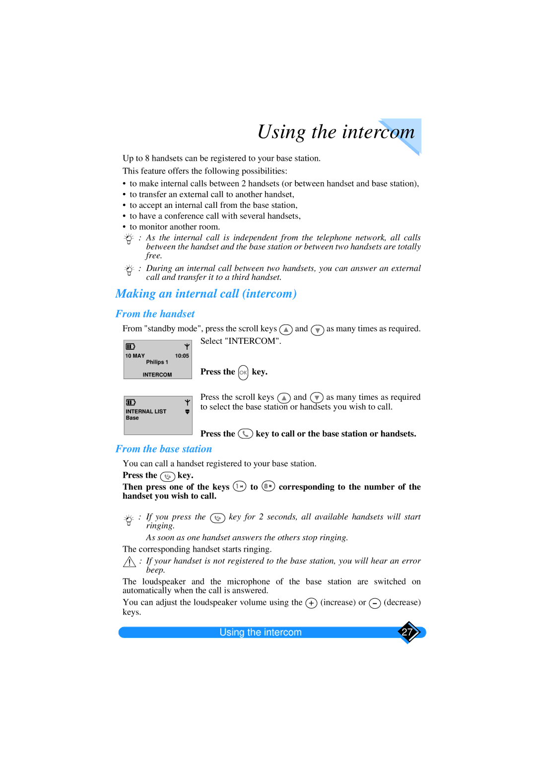 Philips TD6626/BE manual Using the intercom, Making an internal call intercom, From the handset, From the base station 