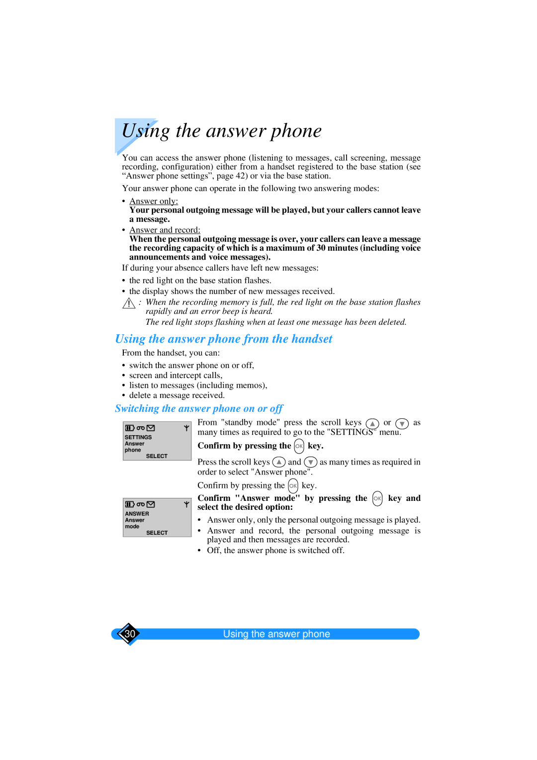 Philips TD6626/BE manual Using the answer phone from the handset, Switching the answer phone on or off 