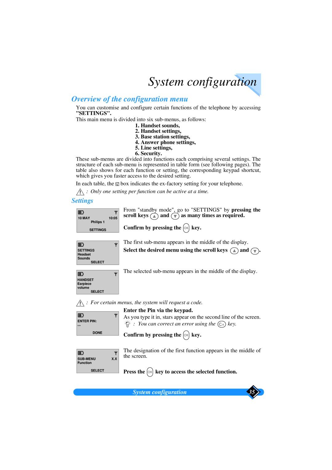 Philips TD6626/BE manual System configuration, Overview of the configuration menu, Settings 