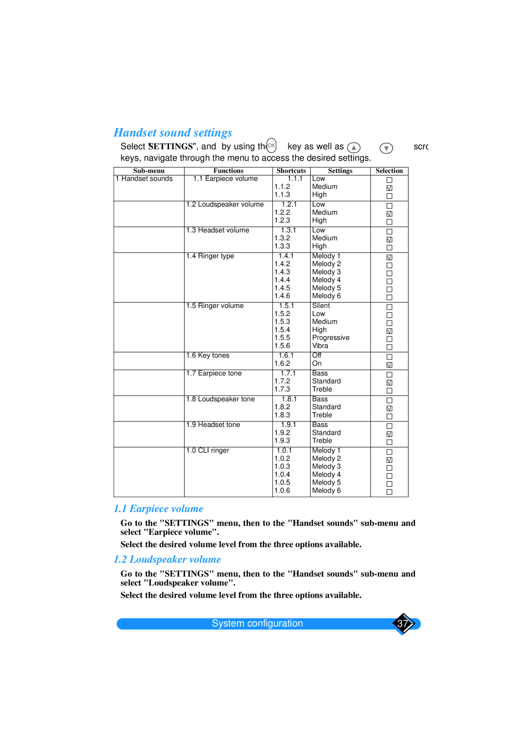 Philips TD6626/BE manual Handset sound settings, Earpiece volume, Loudspeaker volume 