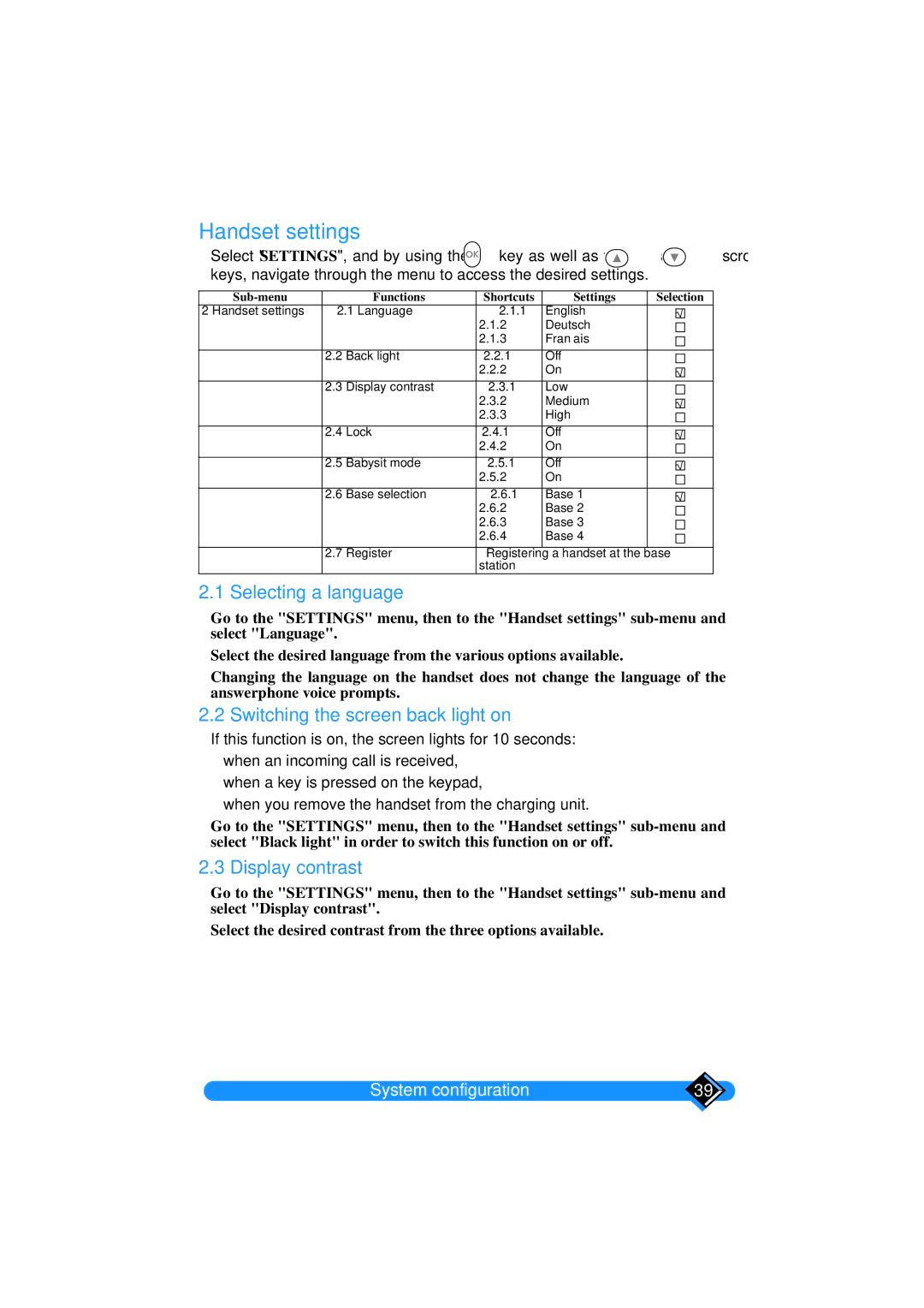 Philips TD6626/BE manual Handset settings, Selecting a language, Switching the screen back light on, Display contrast 