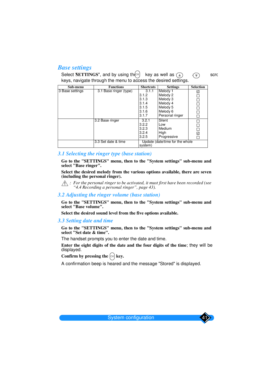 Philips TD6626/BE manual Base settings, Selecting the ringer type base station, Adjusting the ringer volume base station 