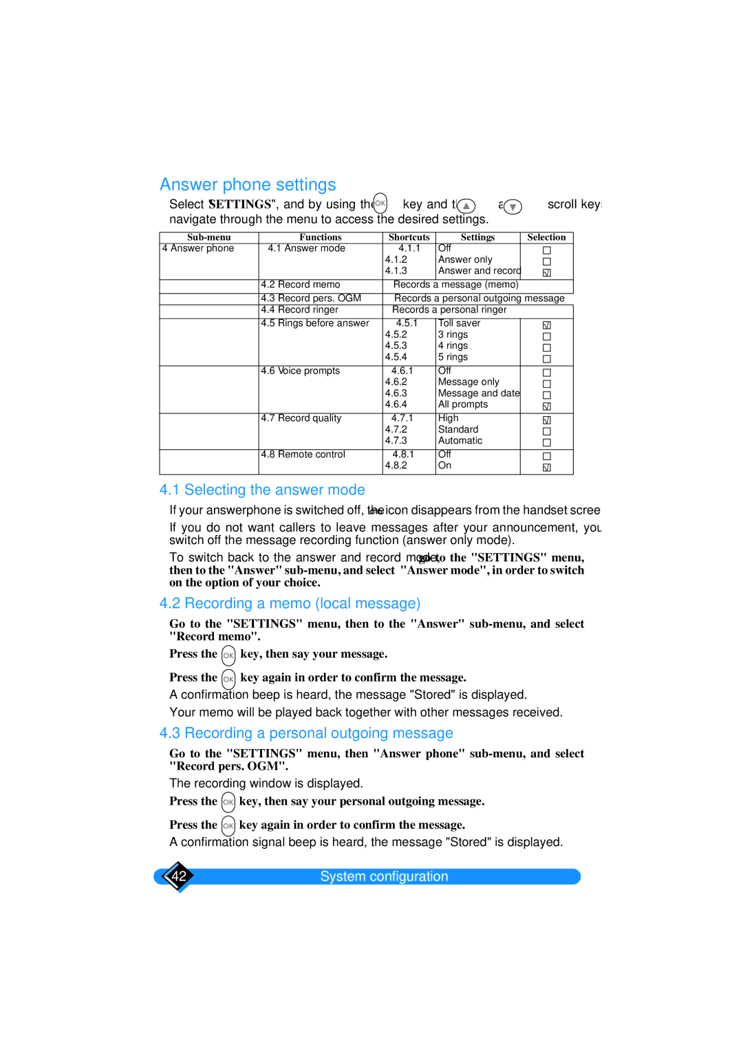 Philips TD6626/BE manual Answer phone settings, Selecting the answer mode 