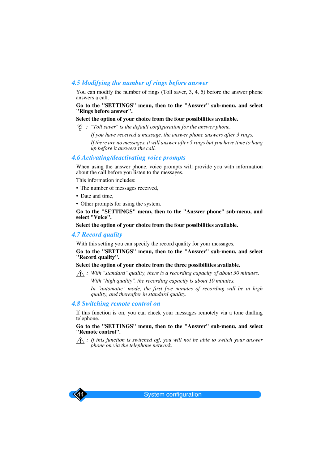 Philips TD6626/BE manual Modifying the number of rings before answer, Activating/deactivating voice prompts, Record quality 