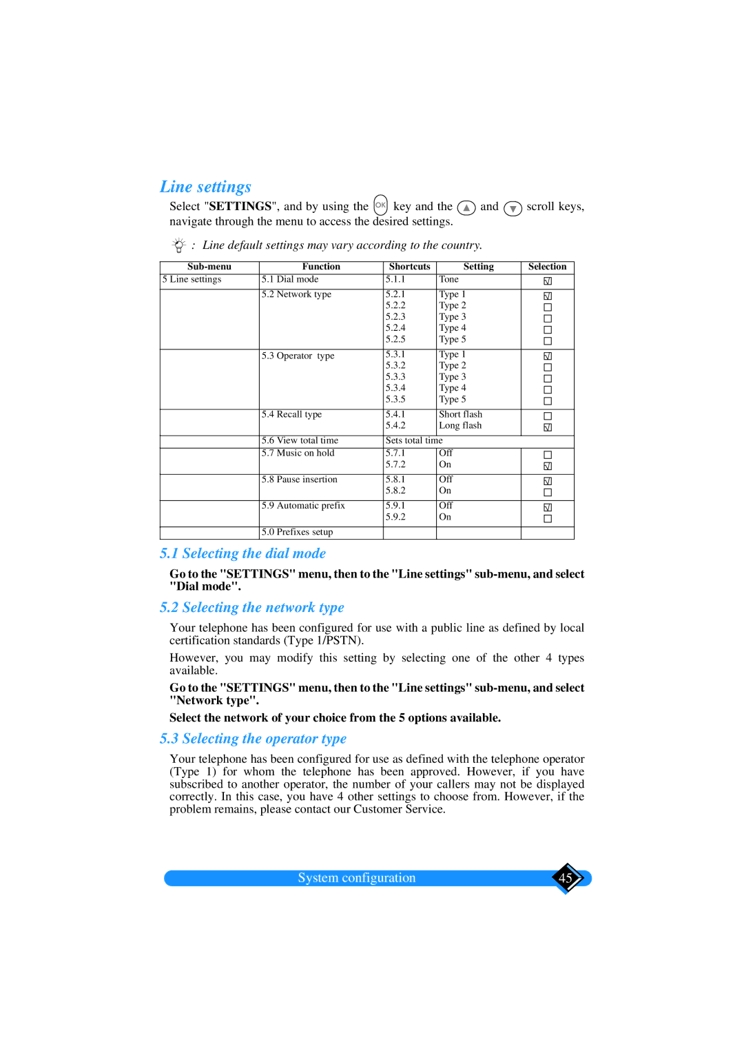 Philips TD6626/BE manual Line settings, Selecting the dial mode, Selecting the network type, Selecting the operator type 