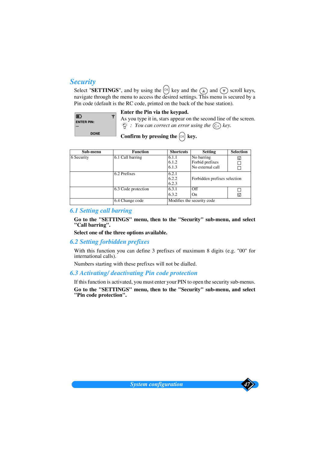 Philips TD6626/BE Security, Setting call barring, Setting forbidden prefixes, Activating/ deactivating Pin code protection 