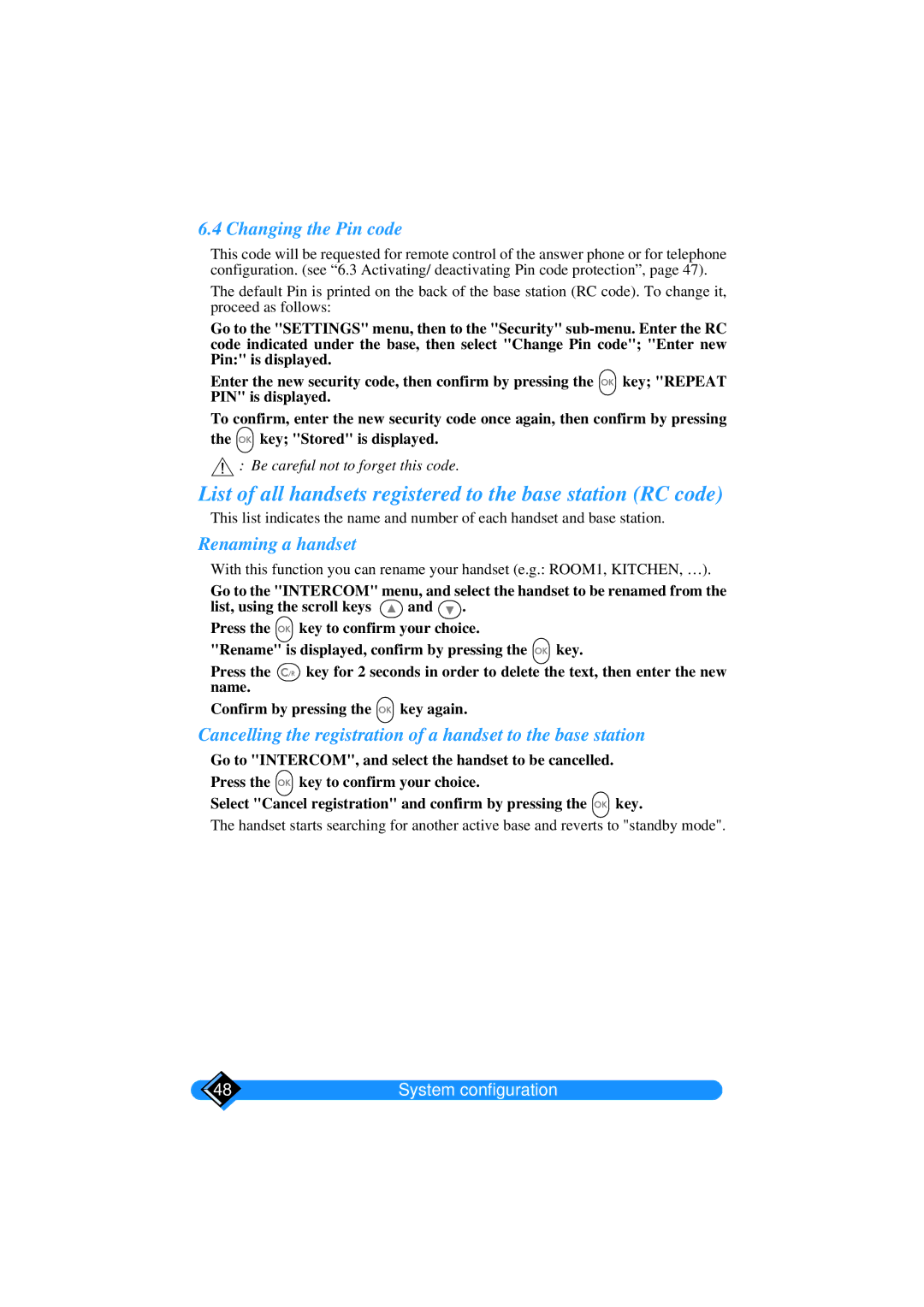 Philips TD6626/BE List of all handsets registered to the base station RC code, Changing the Pin code, Renaming a handset 