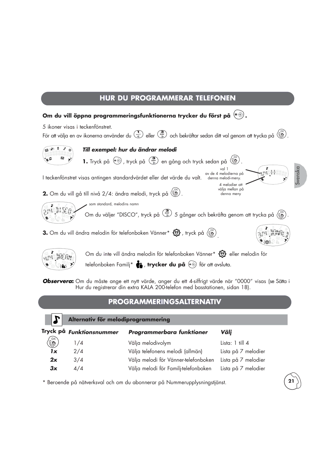 Philips TD6830, Kala 200 manual HUR DU Programmerar Telefonen, Programmeringsalternativ, Alternativ för melodiprogrammering 