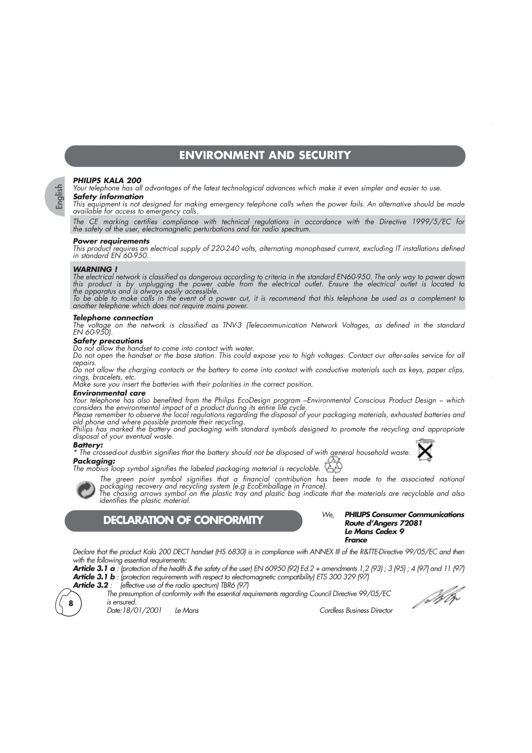 Philips Kala 200, TD6830 manual Environment and Security, Philips Kala 