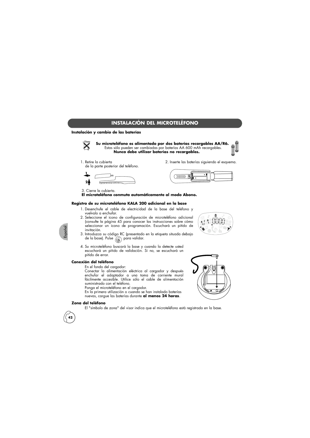 Philips TD6830 manual Instalación DEL Microteléfono, Nunca debe utilizar baterías no recargables, Conexión del teléfono 