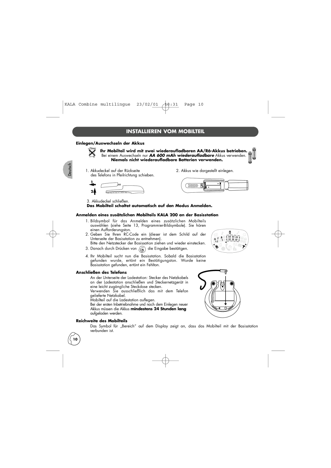 Philips TD6830 user manual Installieren VOM Mobilteil, Des Telefons in Pfeilrichtung schieben, Anschließen des Telefons 