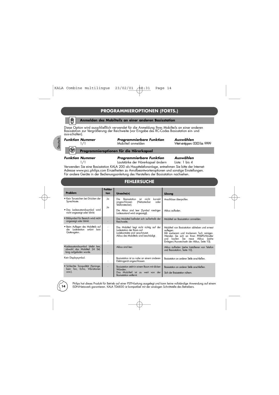 Philips TD6830 user manual Programmieroptionen Forts, Fehlersuche, Anmelden des Mobilteils an einer anderen Basisstation 