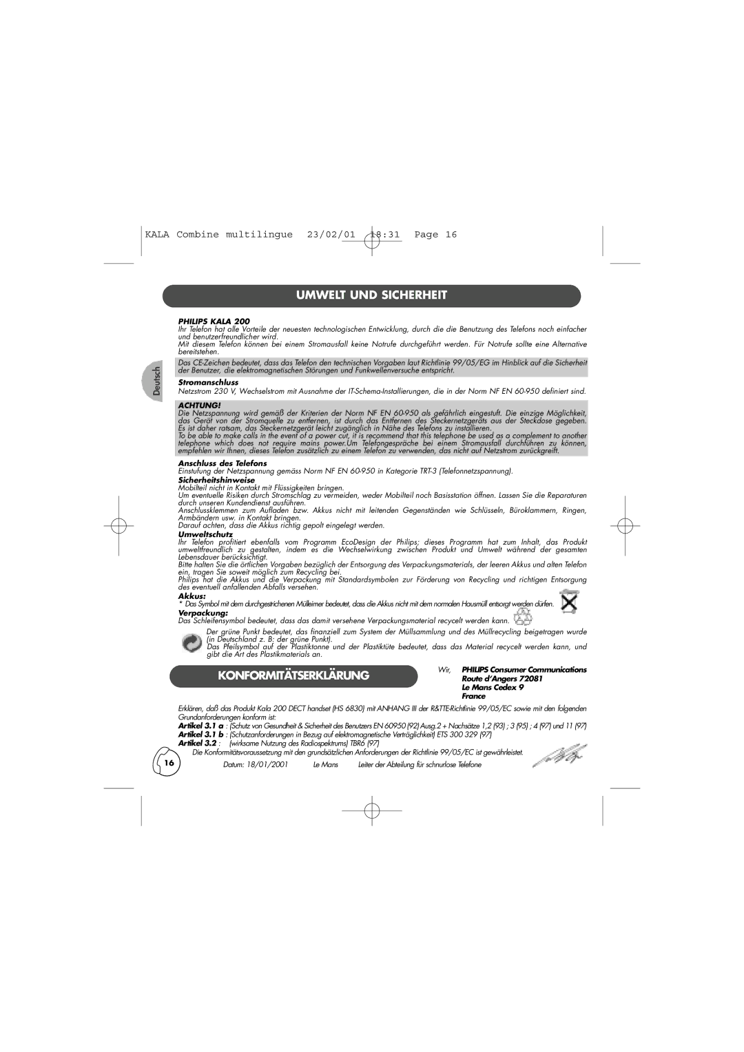 Philips TD6830 user manual KONFORMITÄTSERKLÄRUNGRoute d’Angers 