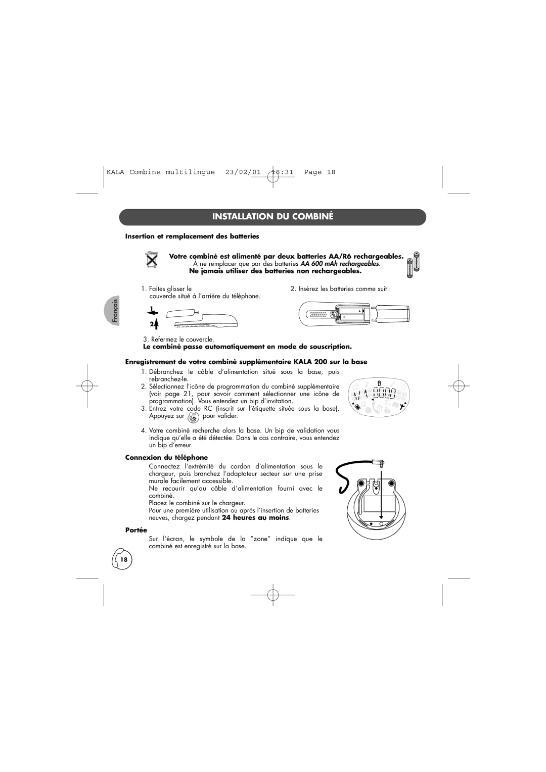 Philips TD6830 Installation DU Combiné, Ne jamais utiliser des batteries non rechargeables, Connexion du téléphone, Portée 