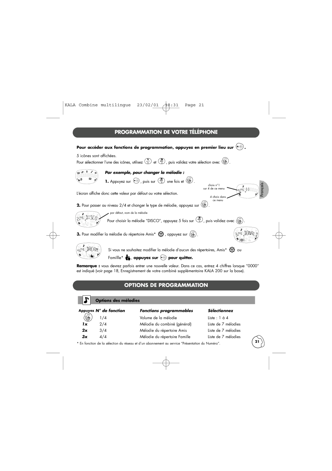 Philips TD6830 user manual Programmation DE Votre Téléphone, Options DE Programmation, Par exemple, pour changer la mélodie 