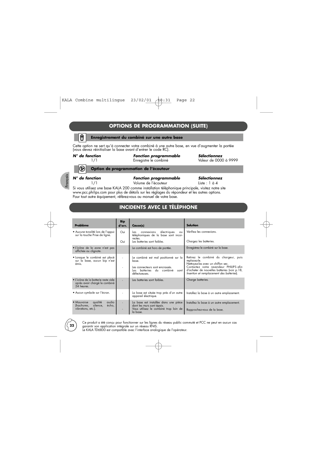 Philips TD6830 Options DE Programmation Suite, Incidents Avec LE Téléphone, Enregistrement du combiné sur une autre base 