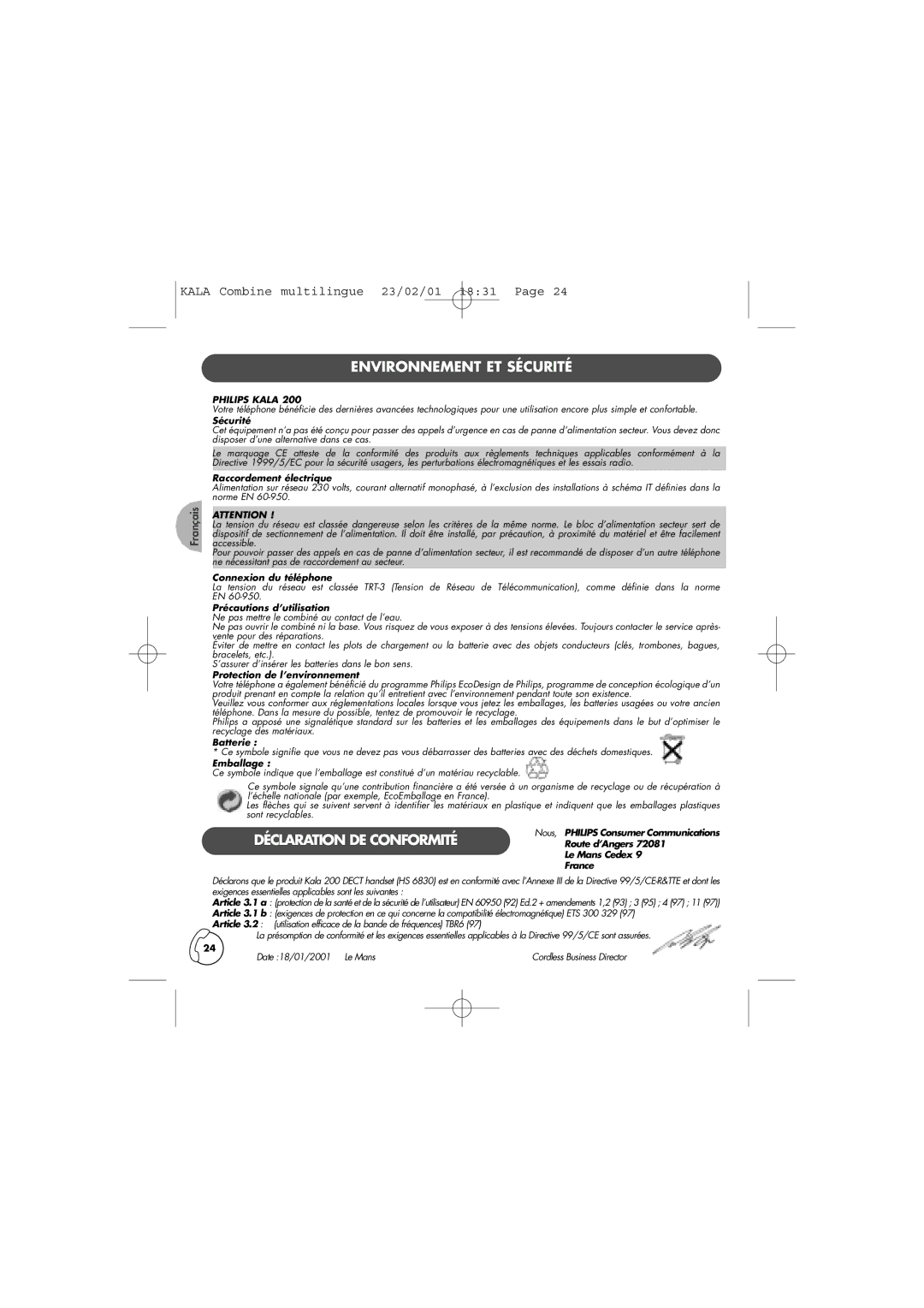 Philips TD6830 user manual Environnement ET Sécurité, Déclaration DE Conformité 