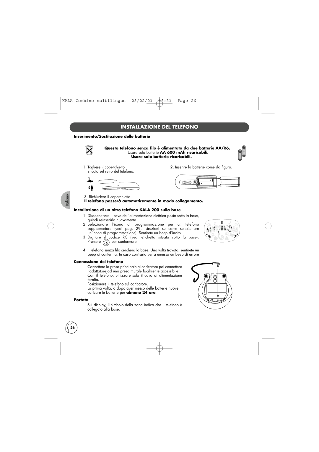 Philips TD6830 user manual Installazione DEL Telefono, Connessione del telefono, Portata 