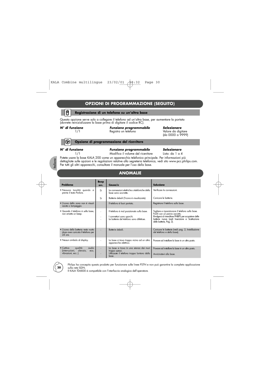 Philips TD6830 user manual Opzioni DI Programmazione Seguito, Anomalie, Registrazione di un telefono su un’altra base 