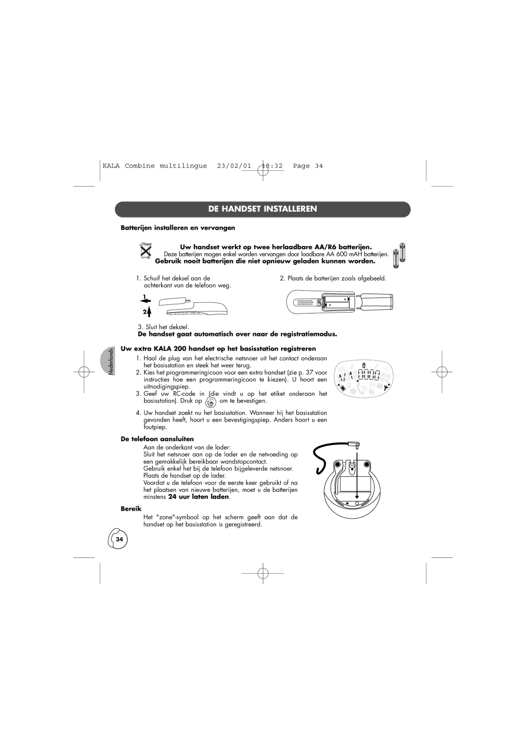 Philips TD6830 user manual DE Handset Installeren, De telefoon aansluiten, Bereik 