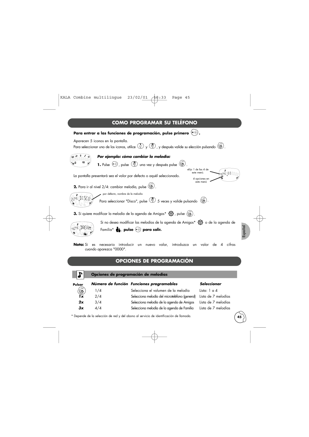 Philips TD6830 user manual Como Programar SU Teléfono, Opciones DE Programación, Por ejemplo cómo cambiar la melodía 