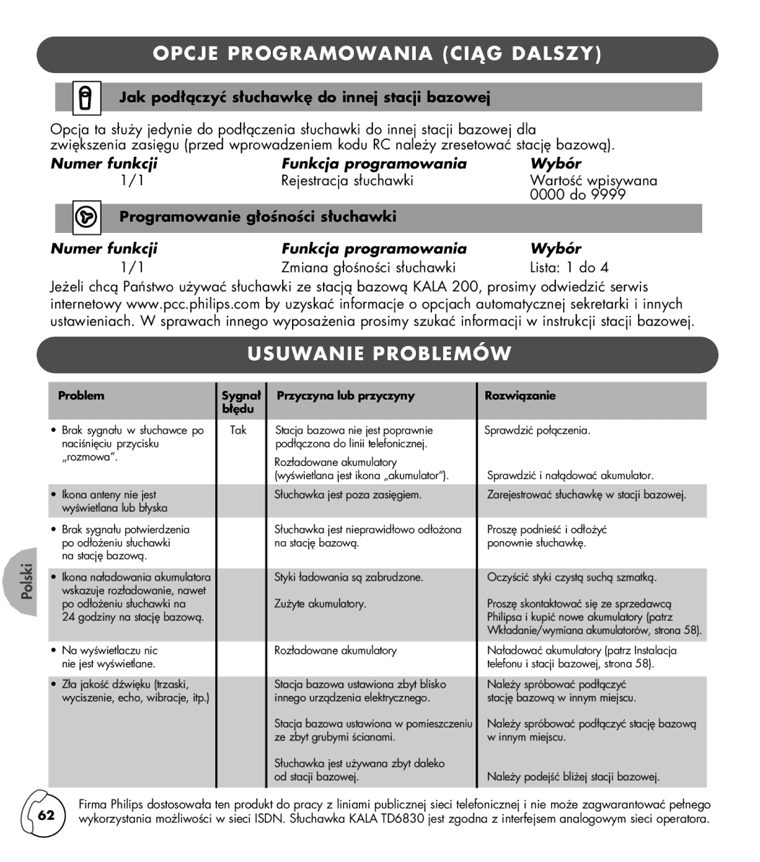 Philips TD6830 user manual Jak pod¸ˆczy s¸uchawk«Êdo innej stacji bazowej, Programowanie g¸oænoæci s¸uchawki, Lista 1 do 