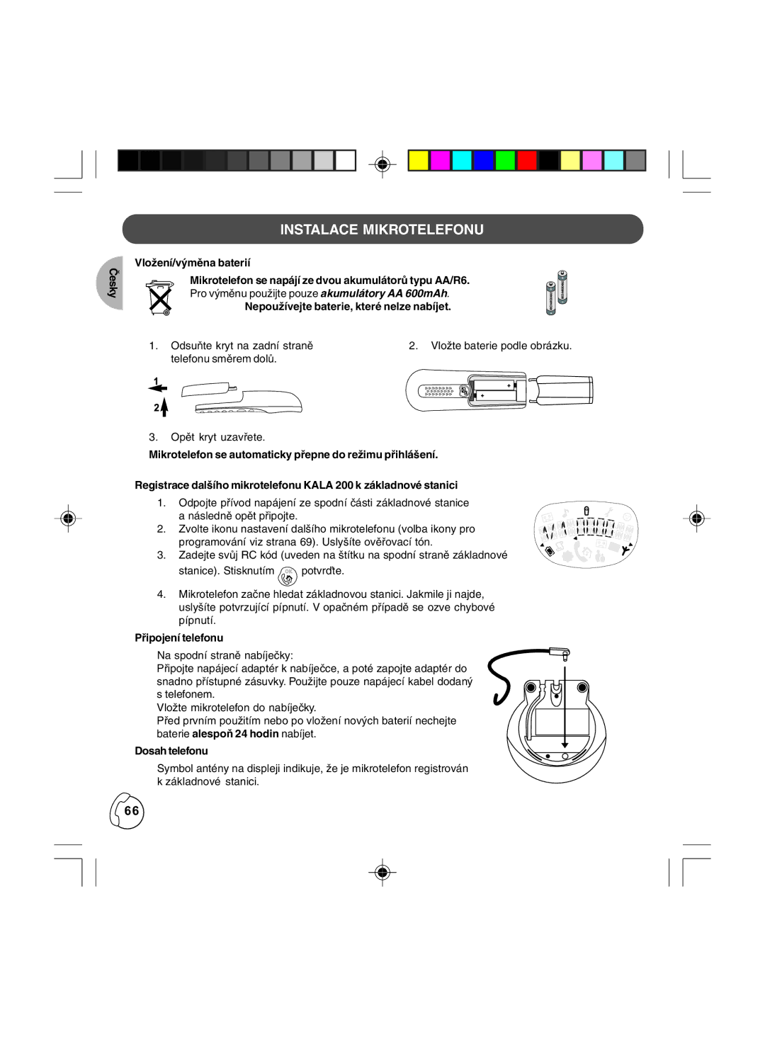 Philips TD6830 user manual Instalace Mikrotelefonu, Česky Vložení/výměna baterií, Nepoužívejte baterie, které nelze nabíjet 