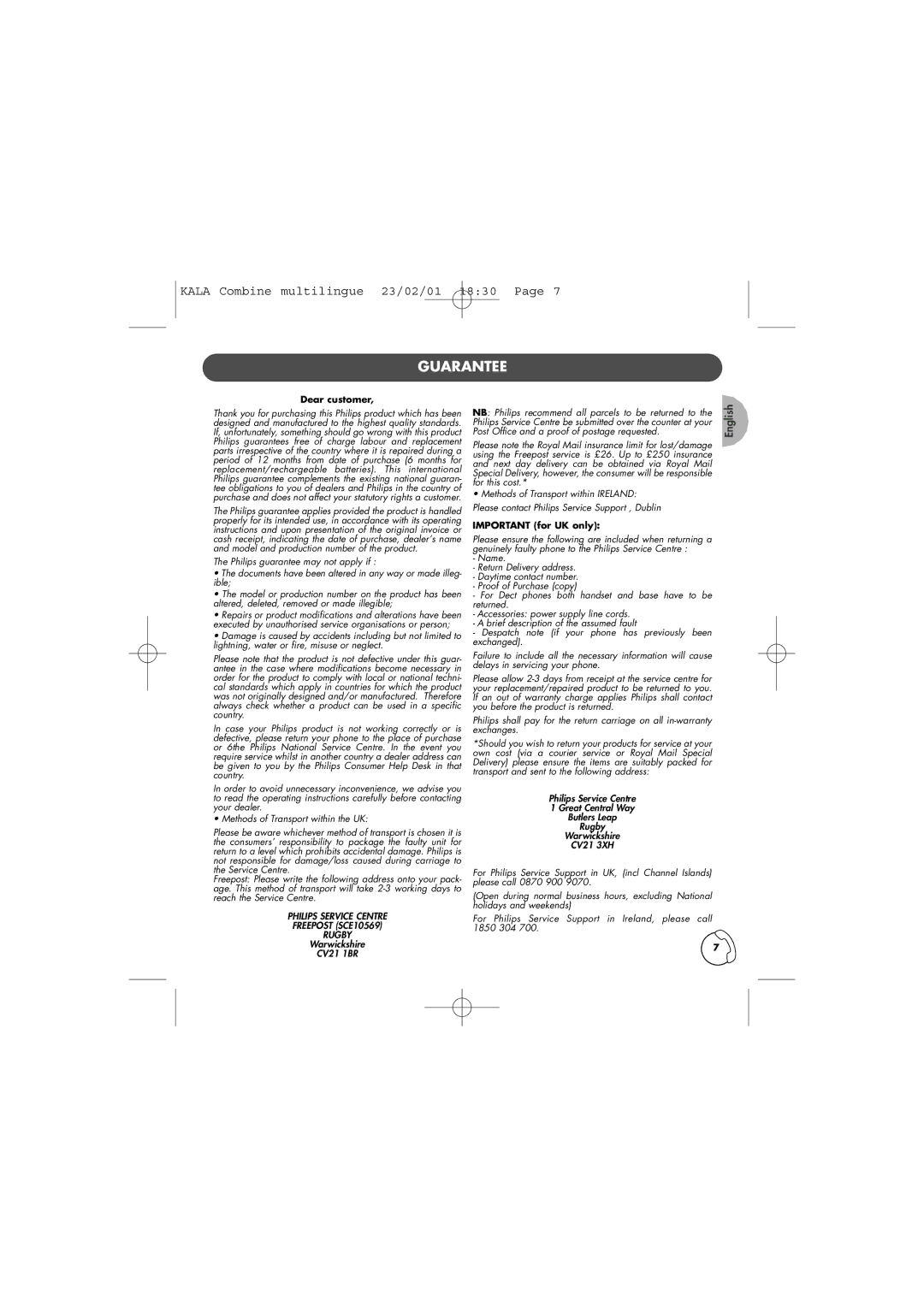 Philips TD6830 user manual Guarantee, Important for UK only 