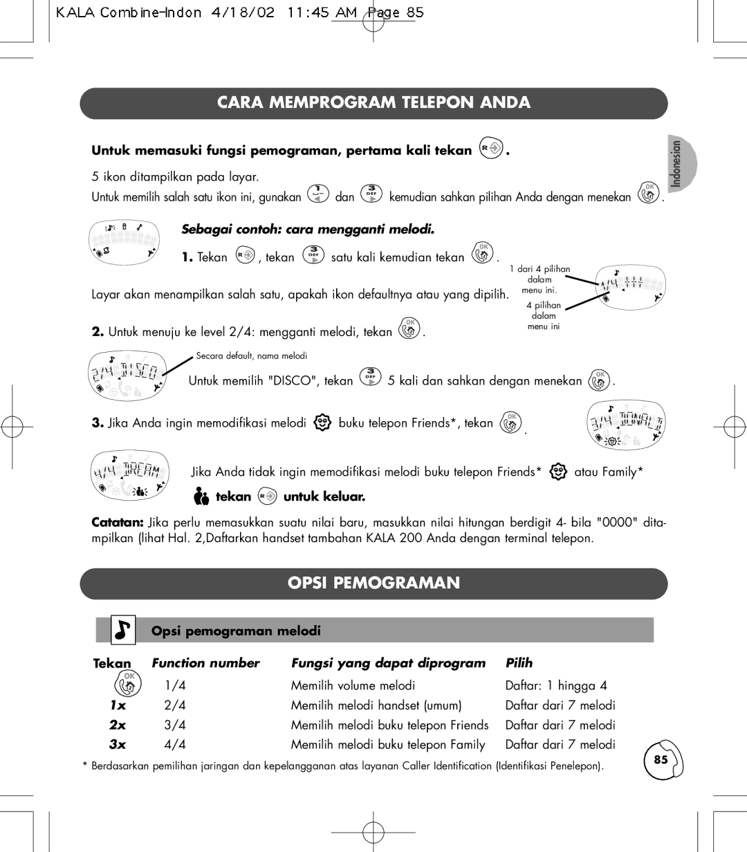 Philips TD6830 user manual Cara Memprogram Telepon Anda, Opsi Pemograman, Sebagai contoh cara mengganti melodi, Pilih 