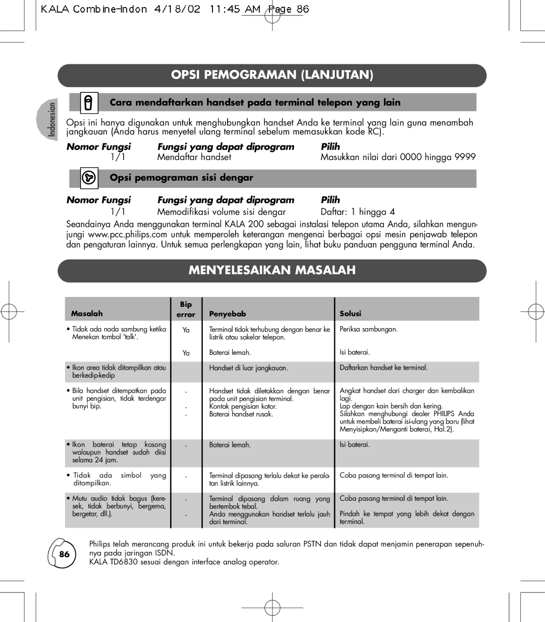 Philips TD6830 Opsi Pemograman Lanjutan, Menyelesaikan Masalah, Cara mendaftarkan handset pada terminal telepon yang lain 