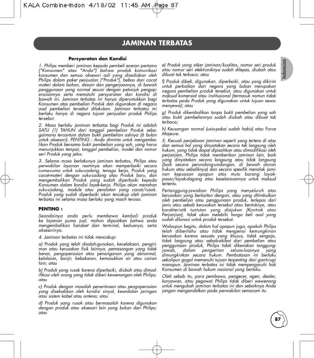 Philips TD6830 user manual Jaminan Terbatas, Persyaratan dan Kondisi 