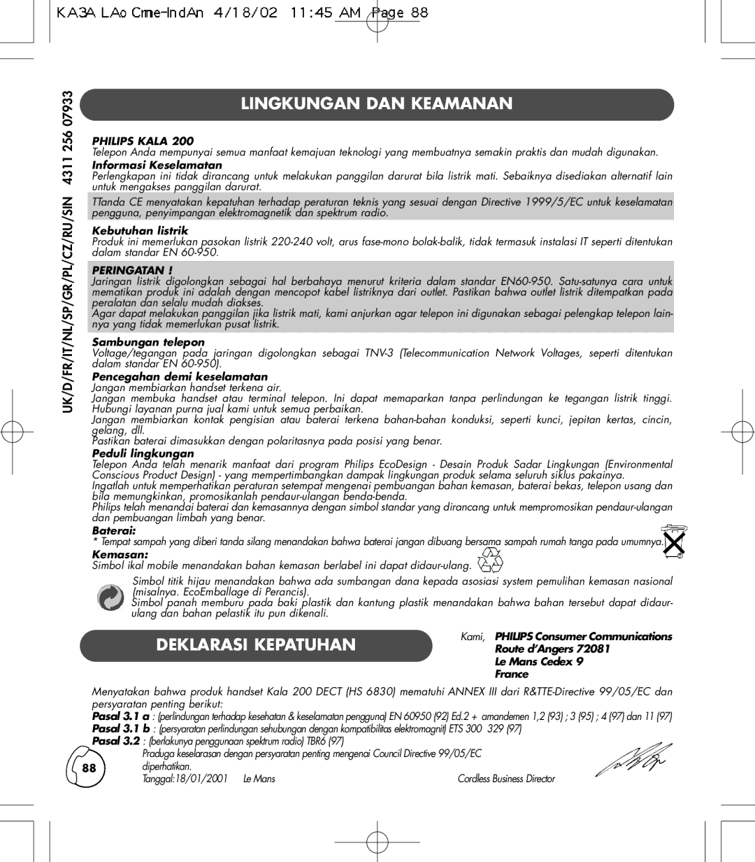 Philips TD6830 user manual Lingkungan DAN Keamanan, Deklarasi KEPATUHANRoute d’Angers 