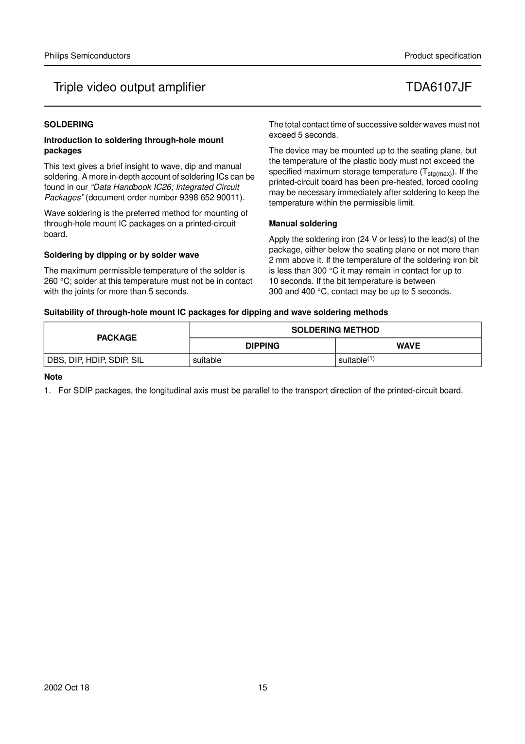 Philips TDA6107JF manual Introduction to soldering through-hole mount packages, Soldering by dipping or by solder wave 