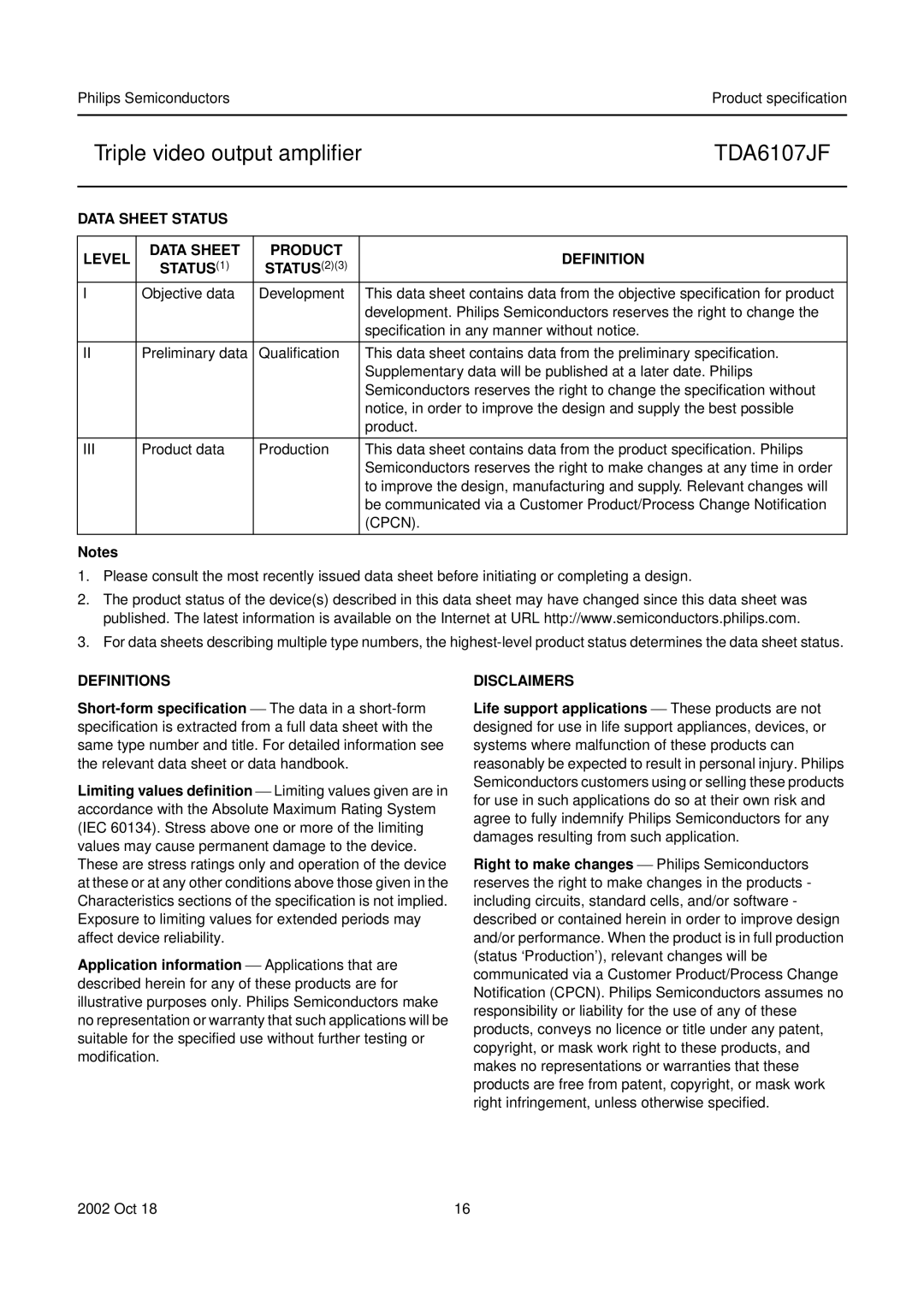 Philips TDA6107JF manual Data Sheet Status Level, Definitions, Disclaimers 