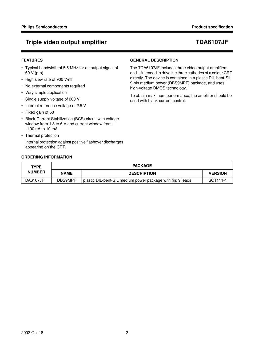 Philips TDA6107JF manual Features, Ordering Information General Description, Type Package Number Name, Version 