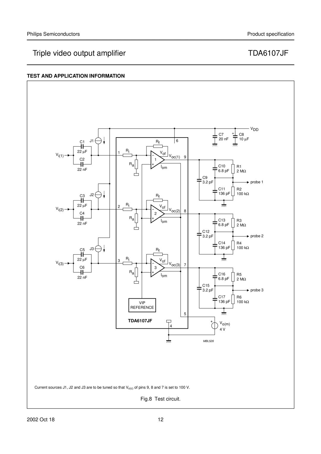 Philips TDA6107JF Test And Application Information, Triple video output ampliﬁer, Philips Semiconductors, Test circuit 