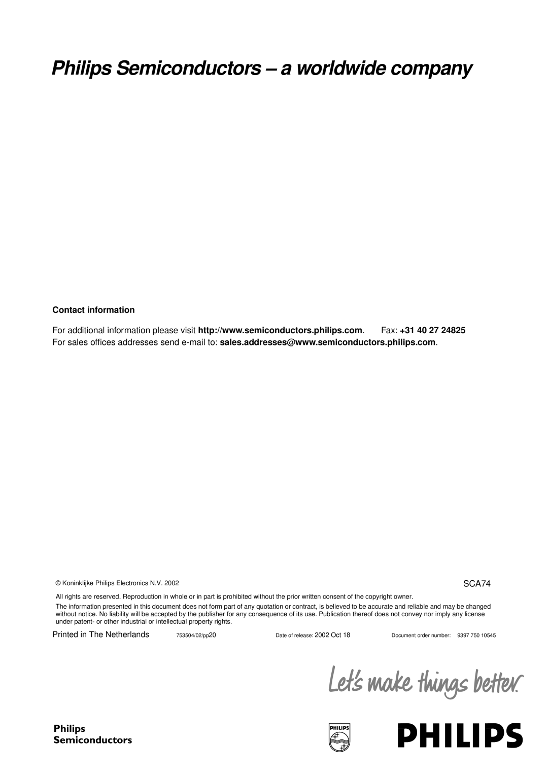 Philips TDA6107JF manual Contact information, Philips Semiconductors - a worldwide company, Fax +31 