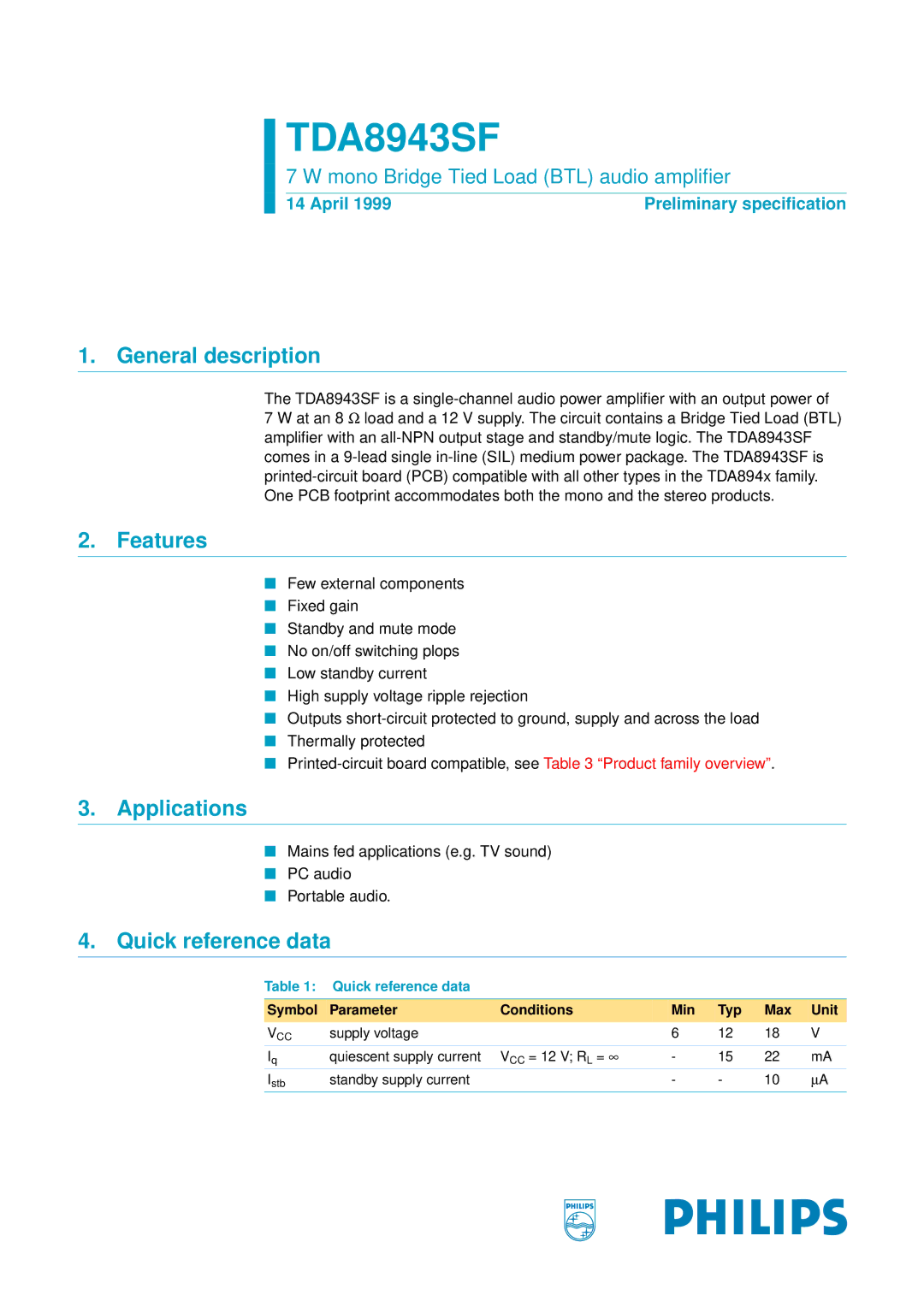 Philips TDA8943SF manual General description, Features, Applications, Quick reference data 