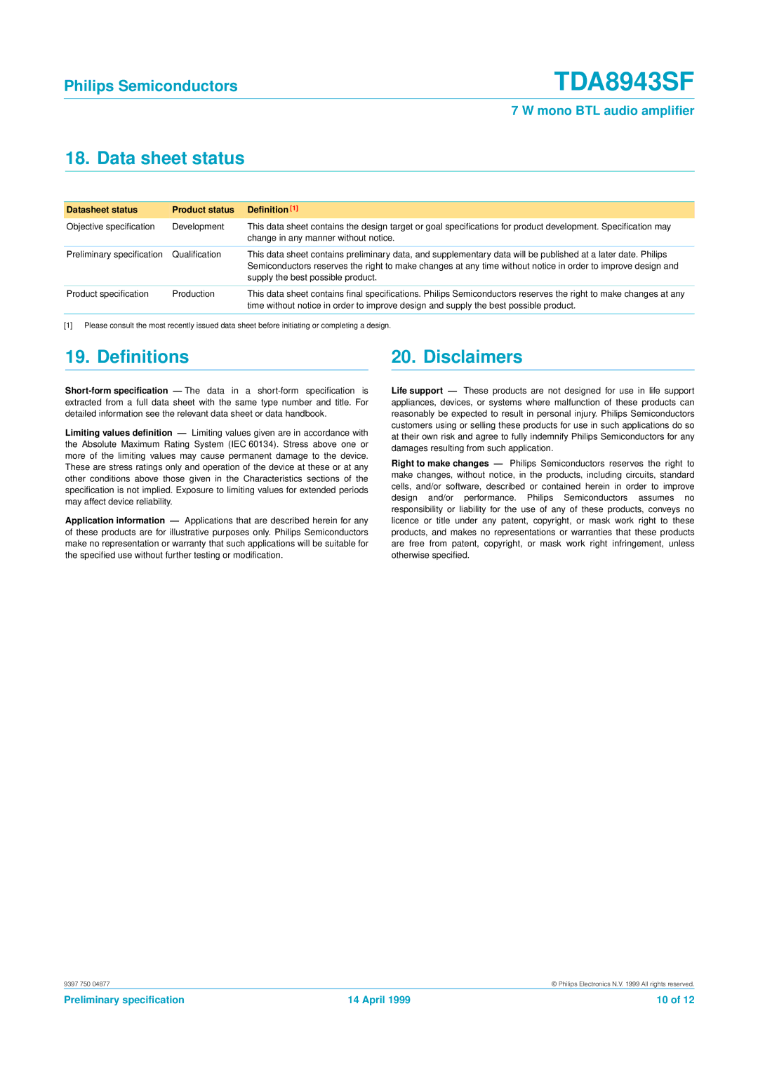 Philips TDA8943SF manual Data sheet status, 19. Deﬁnitions Disclaimers 