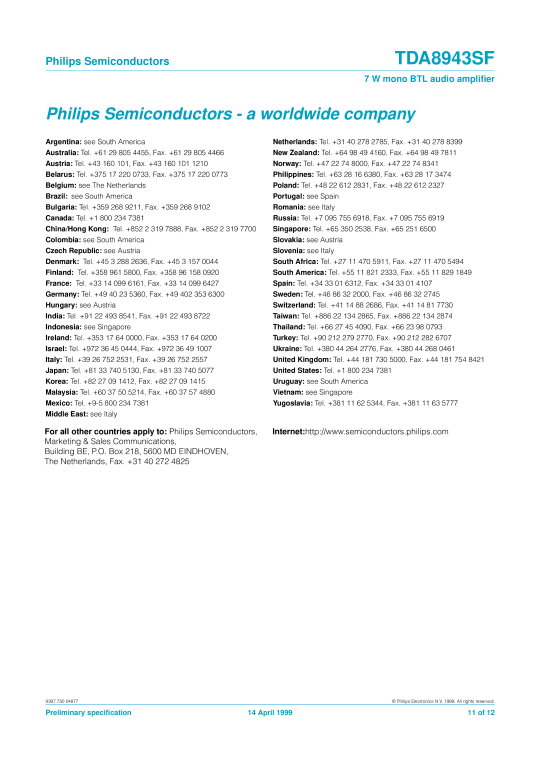 Philips TDA8943SF Philips Semiconductors a worldwide company, For all other countries apply to Philips Semiconductors 