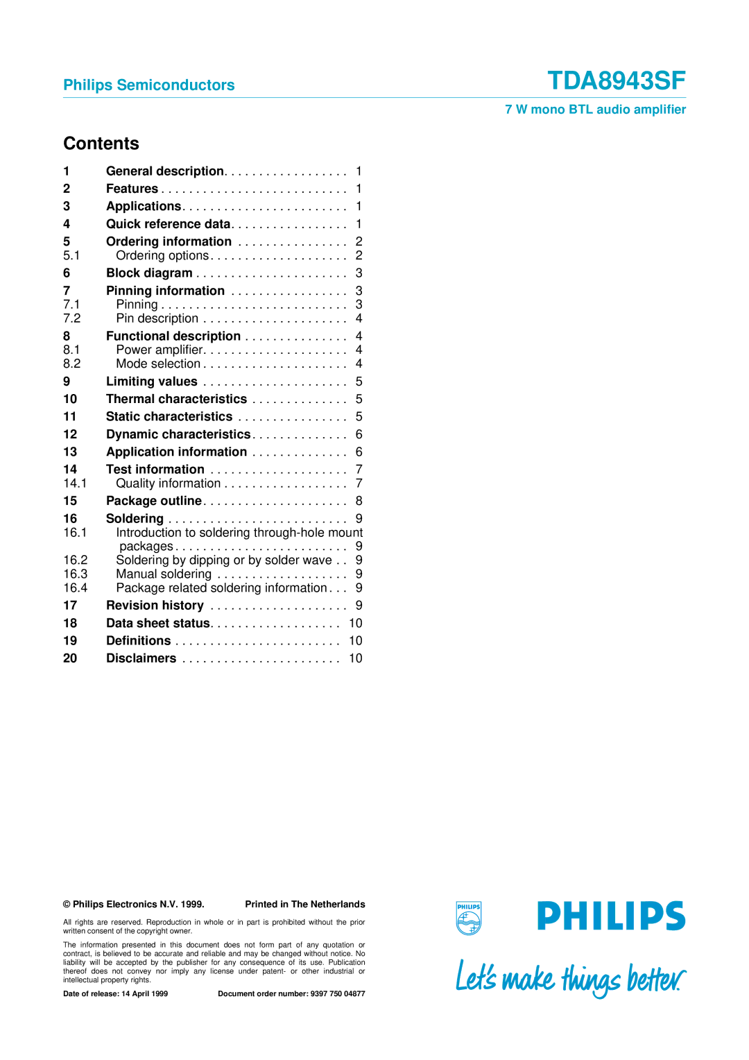 Philips TDA8943SF manual Contents 