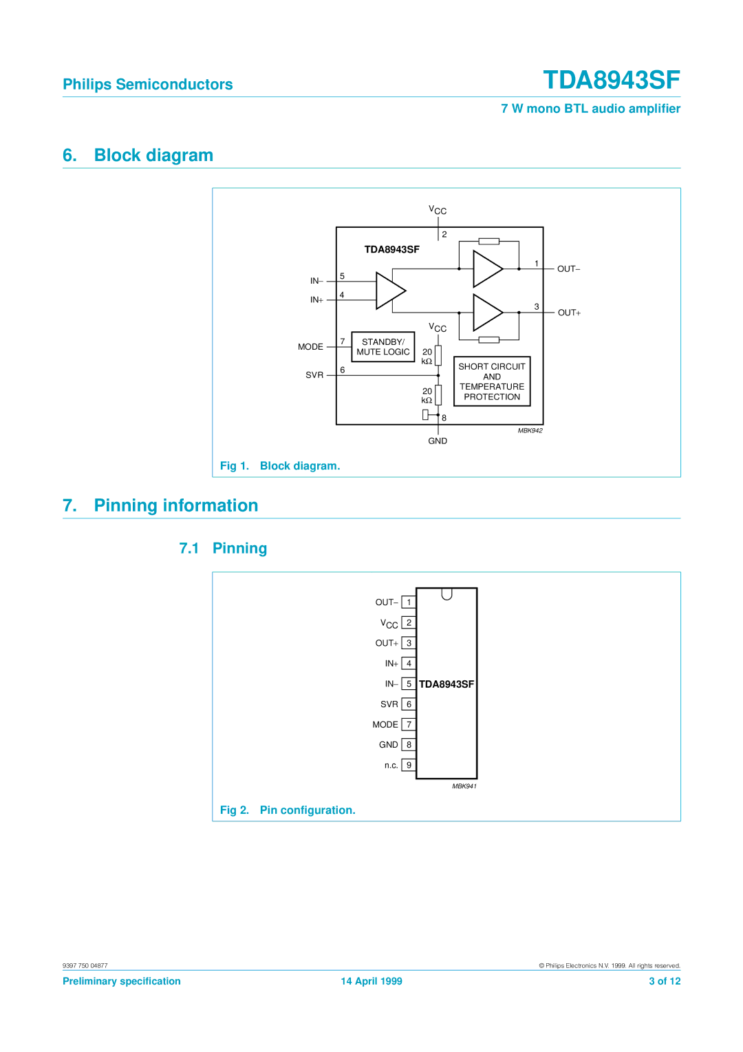 Philips TDA8943SF manual Block diagram, Pinning information, Pin conﬁguration 