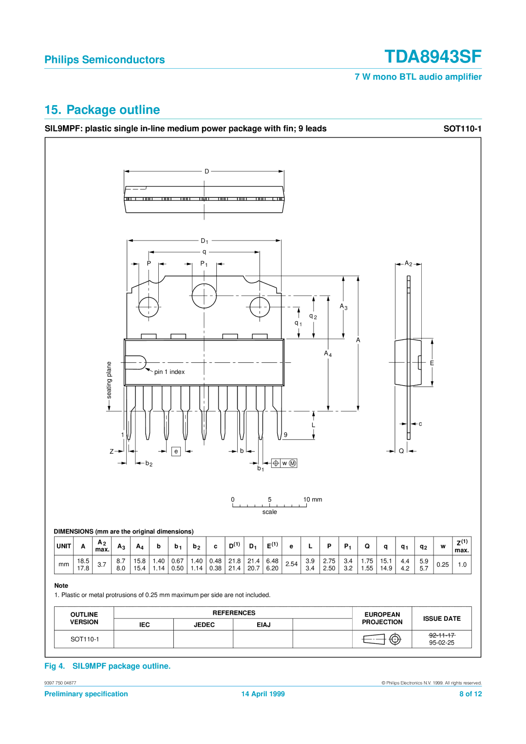 Philips TDA8943SF manual Package outline, SIL9MPF package outline 