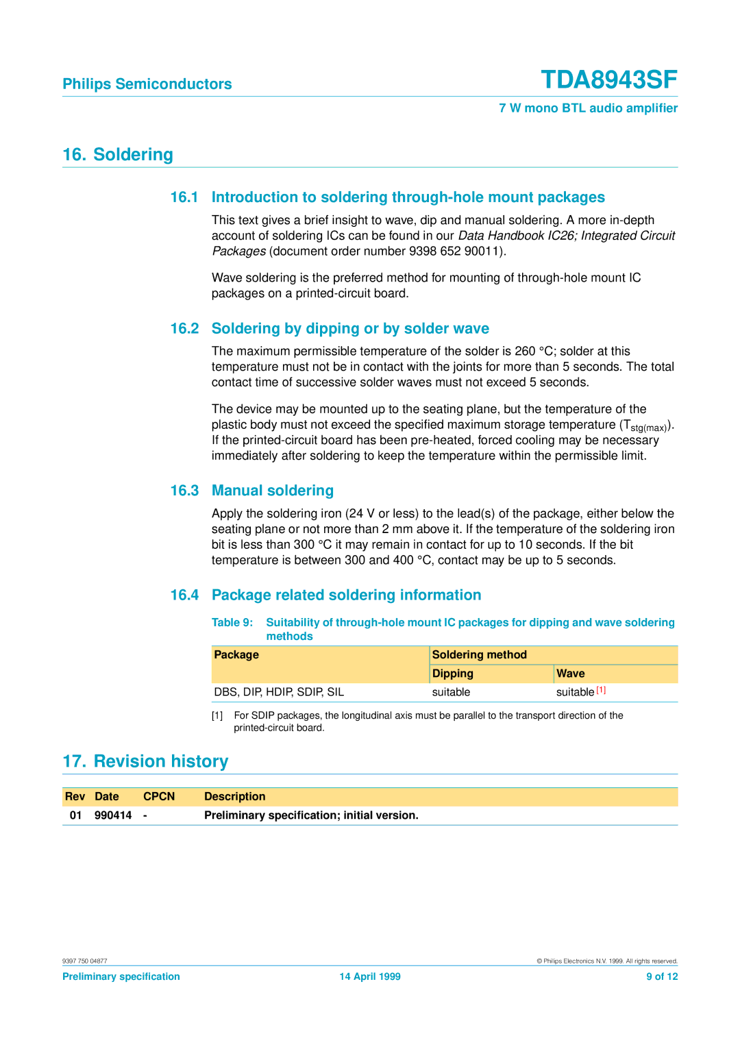 Philips TDA8943SF manual Soldering, Revision history 