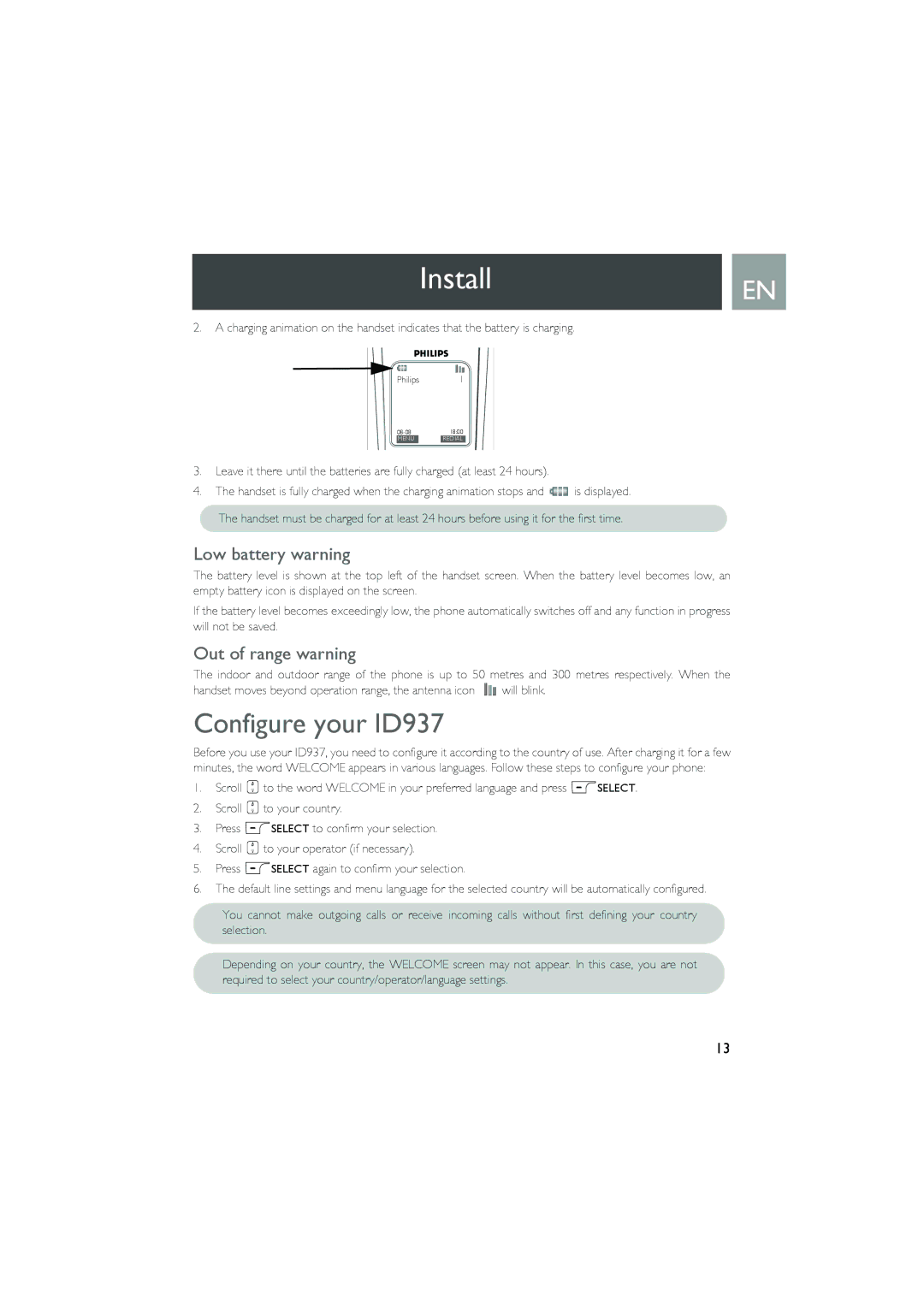 Philips Telephone Answering Machine user manual InstallEN, Configure your ID937, Low battery warning, Out of range warning 