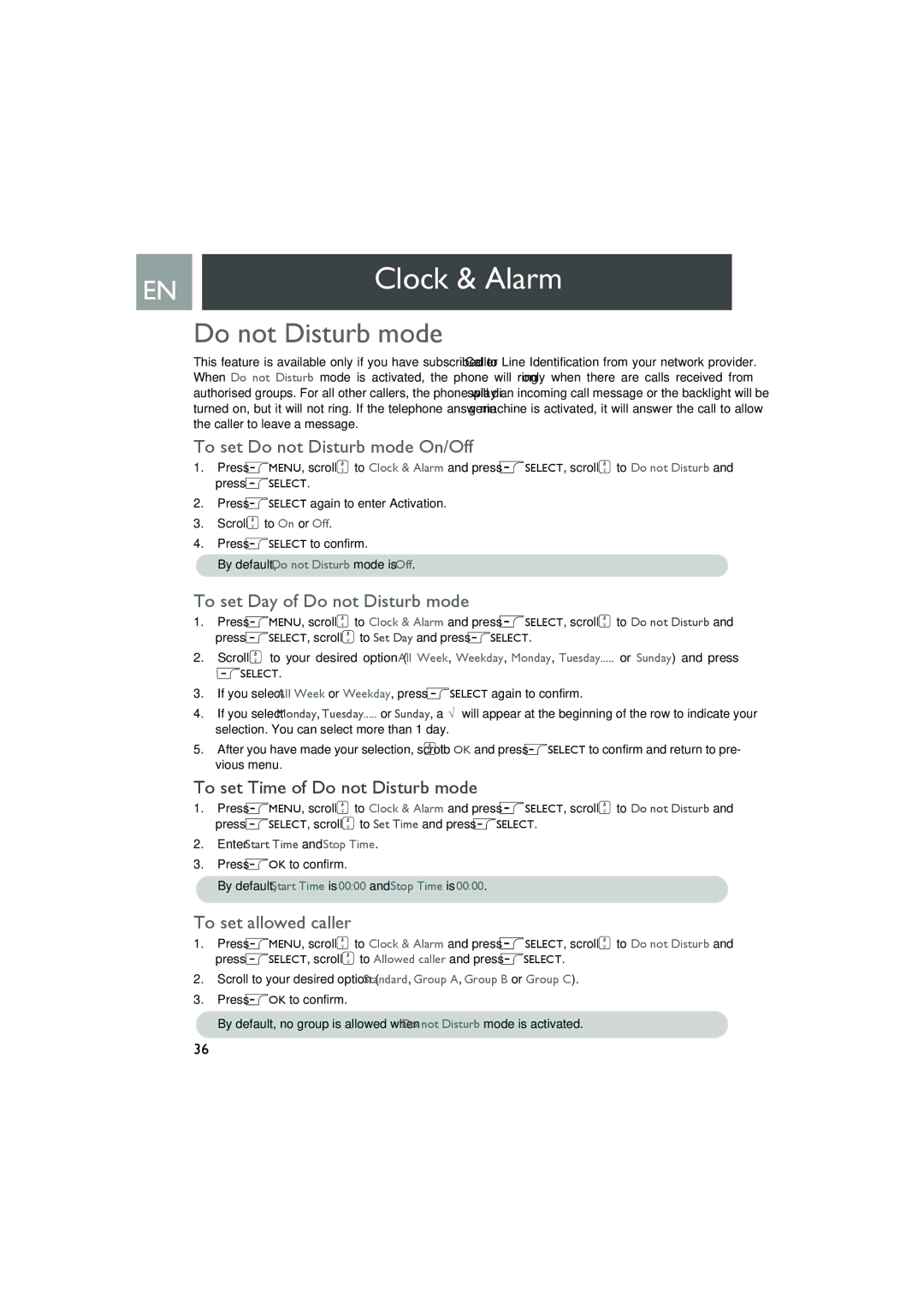 Philips Telephone Answering Machine user manual To set Do not Disturb mode On/Off, To set Day of Do not Disturb mode 