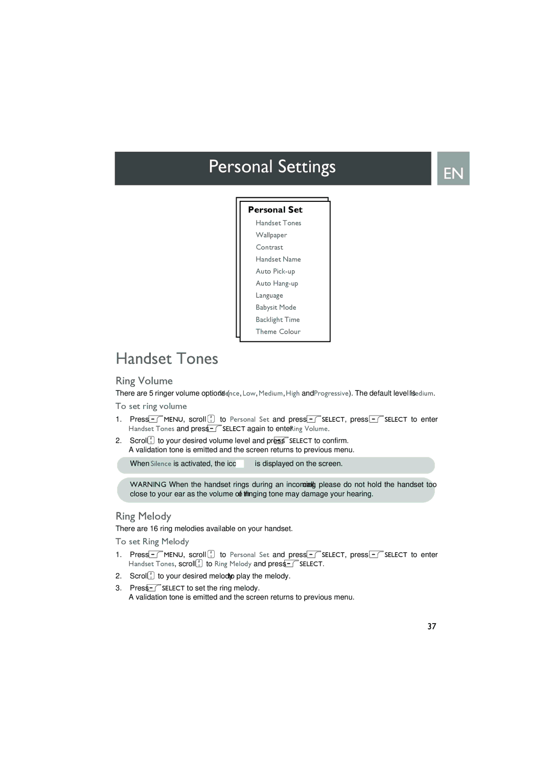 Philips Telephone Answering Machine user manual Personal Settings, Handset Tones, Ring Volume, Ring Melody 