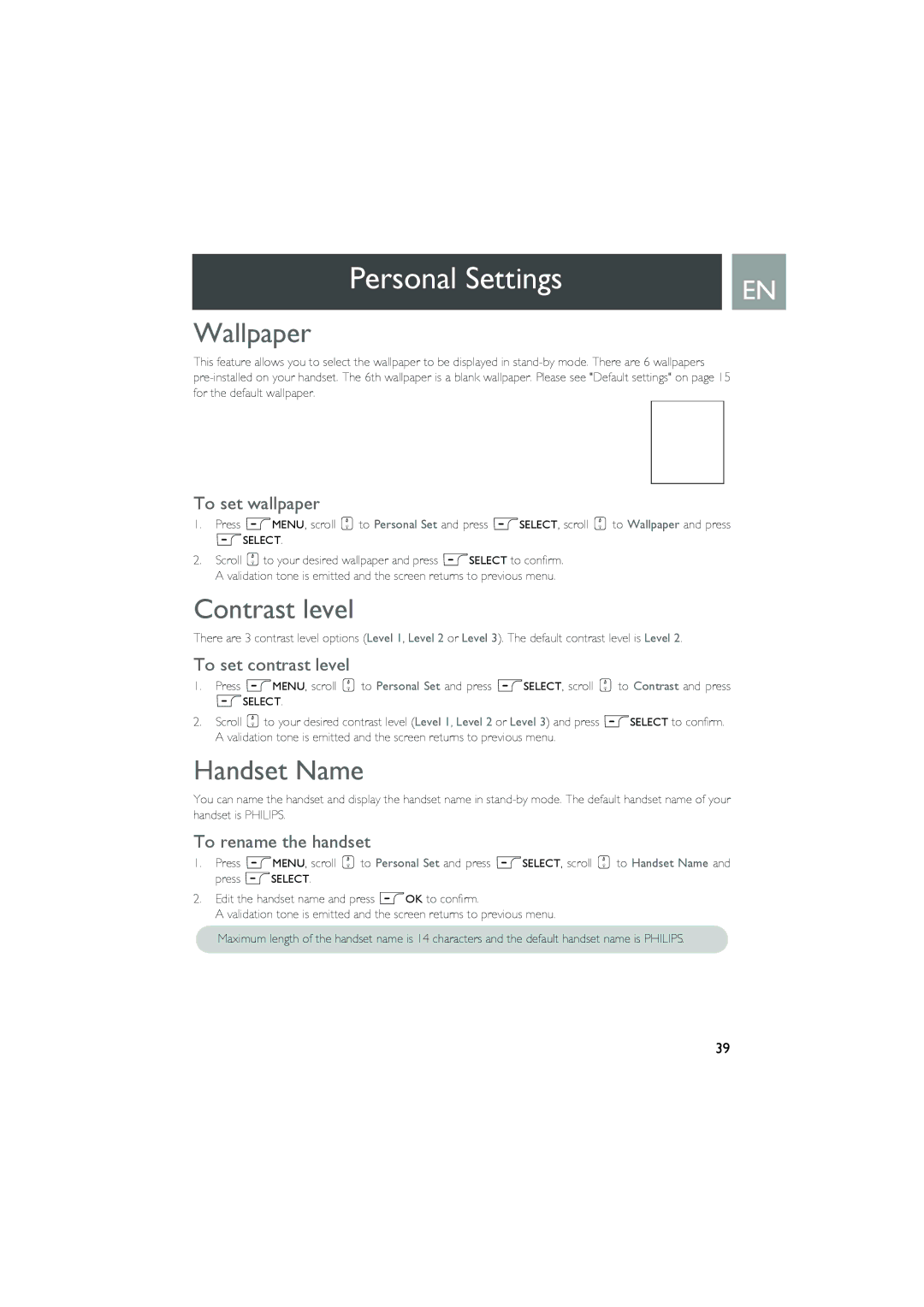 Philips Telephone Answering Machine user manual Wallpaper, Contrast level, Handset Name 