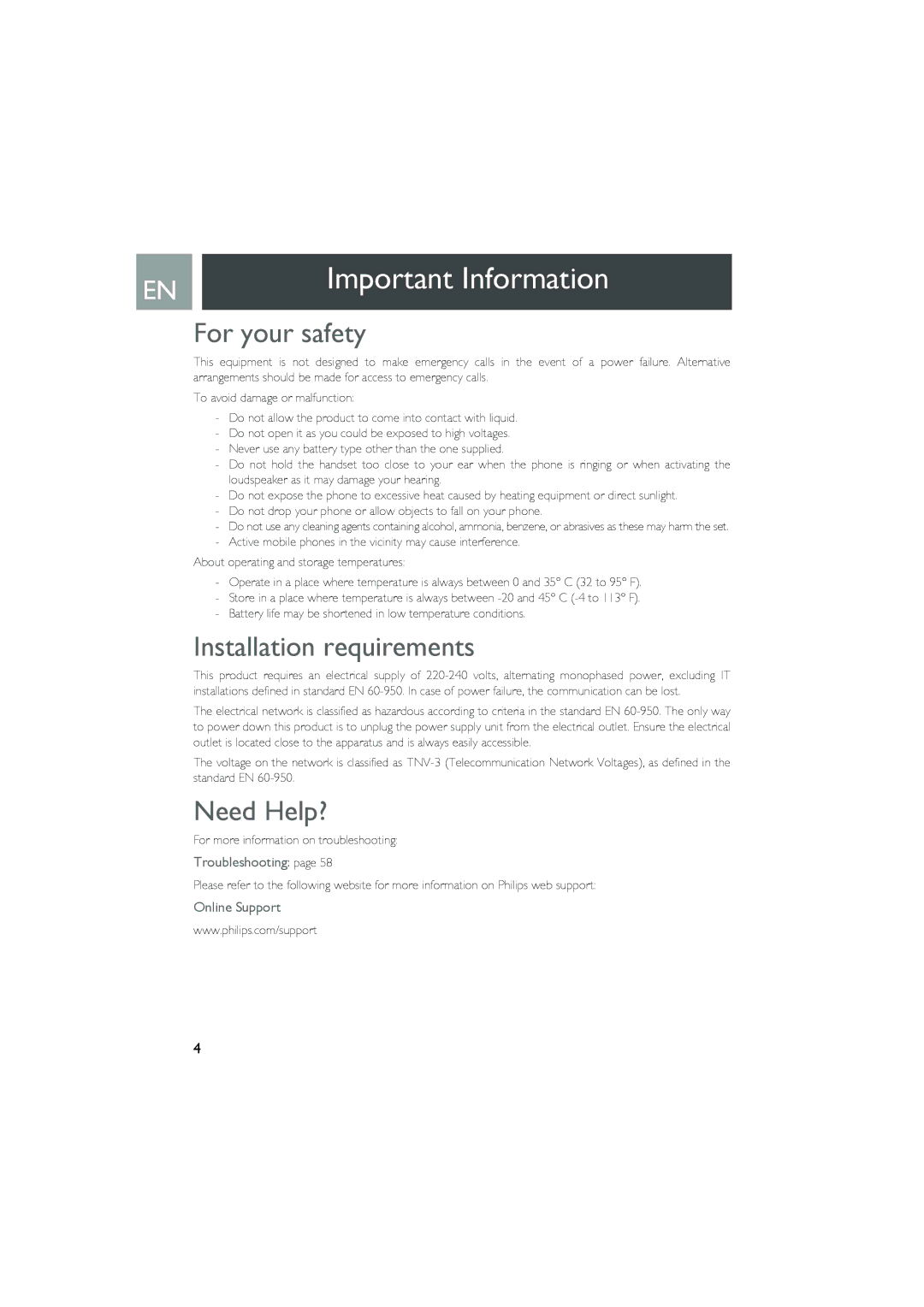 Philips Telephone Answering Machine Important Information, For your safety, Installation requirements, Need Help? 