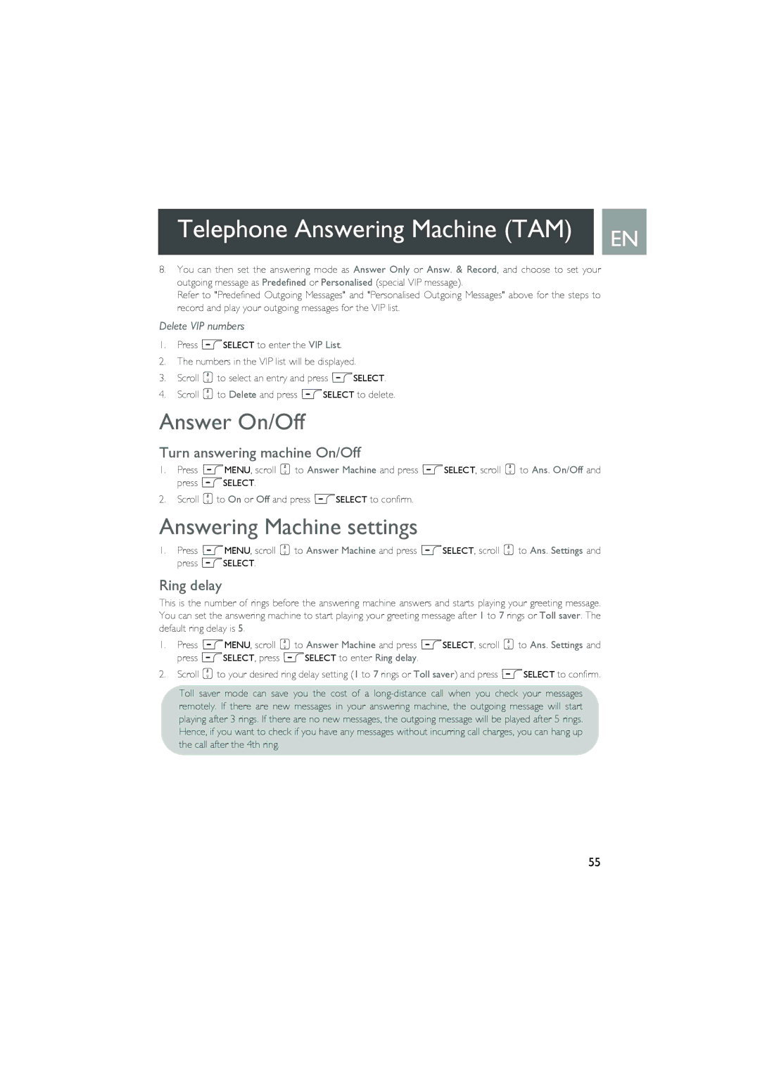 Philips Telephone Answering Machine Answer On/Off, Answering Machine settings, Turn answering machine On/Off, Ring delay 